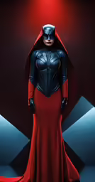 a woman wearing red and black costumes with hood on