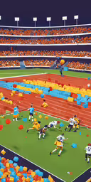 an animated image of a football game on the field,a painting of a sports field with balloons and men