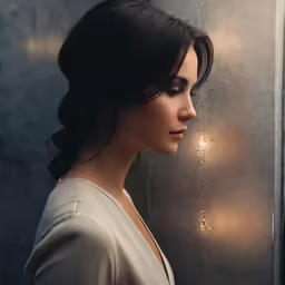 a beautiful woman standing by a window with a glass curtain