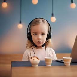 a small girl in a headphone sitting at a table with two mugs and a laptop