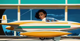 a close up of a woman flying a small airplane,a painted painting of a woman riding on a small plane