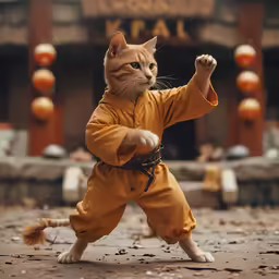 a cat is dressed up and ready to kick the ball