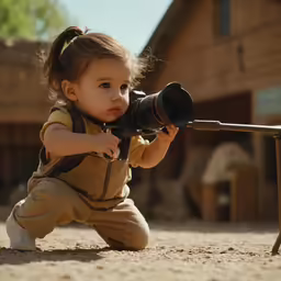 a little girl sitting on the ground and holding a camera to look into the lens