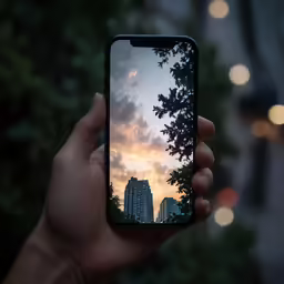 someone holds up their phone with a sky in the background