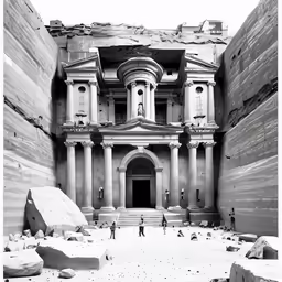 a stone building with two massive pillars in front of it