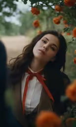 the woman in a white shirt and brown jacket is wearing a bow tie