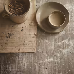 a mug and saucer with a spoon sit on top of a piece of burlap