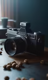a camera sitting on top of a wooden table