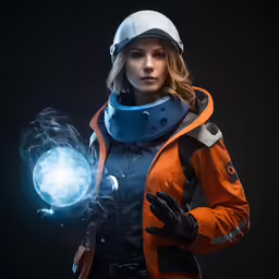 woman in orange and black with helmet holding glowing glove