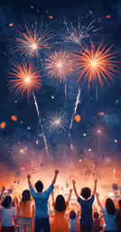 a number of children with arms raised watching fireworks
