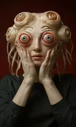 woman with large hands in her face with hair and eyes covered by googly googlys