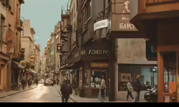 a street view with people walking on the sidewalks