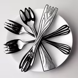 several forks and spoons are arranged on a plate