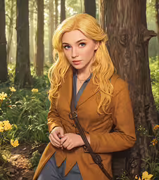 the woman is sitting down in the woods,there is a woman in the woods dressed as a blonde haired woman