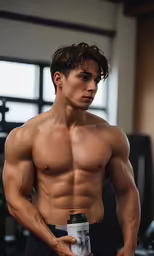 a man standing next to a gym machine and holding a bottle