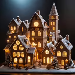 lighted christmas houses with a dark background