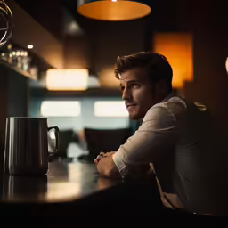 a man sitting at the bar next to a coffee mug