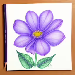 a purple flower with green leaves on top,a purple flower drawing with colored pencils on a desk,colored pencils with a drawing of a purple flower,a drawing of a purple flower with green leaves on a white paper,a picture of a flower is colored by a pencil