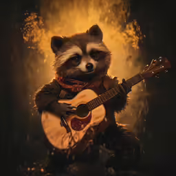 the raccoon has his guitar in his hands