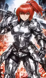 a red haired woman in armor, holding a sword