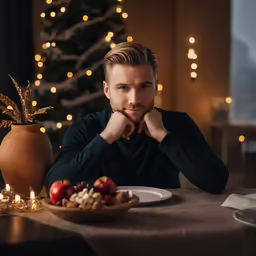a man in black shirt sitting at table with plate of food