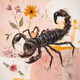 a scorpion photohopped onto flowers and an unfocused camera