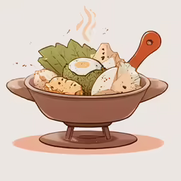 a brown bowl filled with lots of different types of food