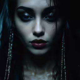 close up photo of a woman with black hair and a red nose