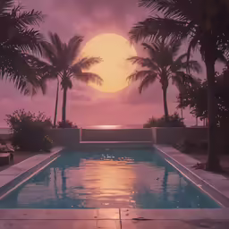 a pool next to palm trees with the sun setting in front