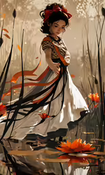 a painting of a woman walking through a swamp