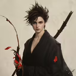 a person dressed in asian clothing holding flowers