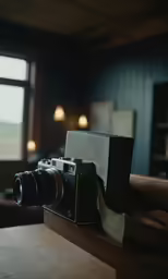 there is an old camera sitting on a table
