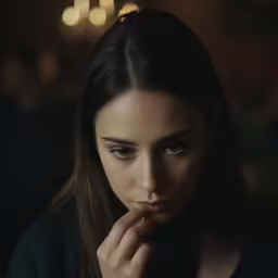 the woman has her hands clasped under her chin