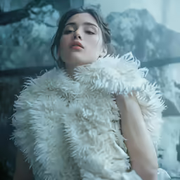 a woman that is sitting down with a blanket