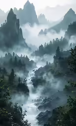 a misty landscape with water and rocks