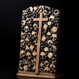 a wooden cross with skulls in it