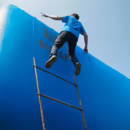 the man is climbing the ladder up to the sky