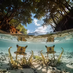 two fish are swimming over a small coral reef