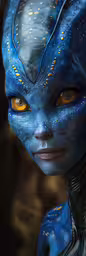 a woman is dressed in a blue costume,a blue alien character with gold and orange eyes