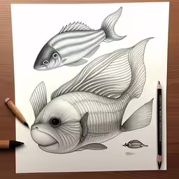 an animal drawing of two fish and a turtle