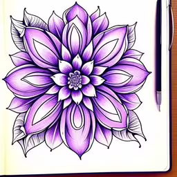 a drawing of a flower with watercolor pencils,a purple flower is shown with leaves and pencils,a drawing of a flower on paper with a pencil,an abstract drawing of a large purple flower,a flower with white petals is next to some pens