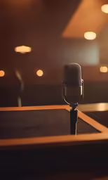a small microphone sitting on top of a wooden table