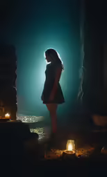 a young woman standing alone in the darkness