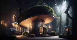 a building with a tree growing on the outside