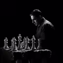 a man with glasses playing chess on a table