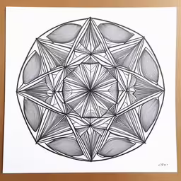 an abstract piece of artwork made in pencil,black and white print of geometrical design with a wooden table in the background