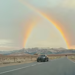 two rainbows above a road in the desert