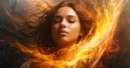 a woman is shown in front of some fire