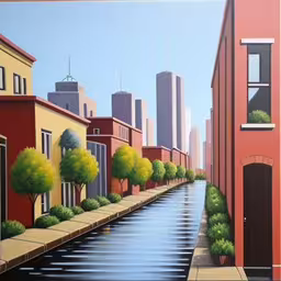 a painting with a view of the city with trees