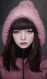 a model wears a pink jacket with a long hair